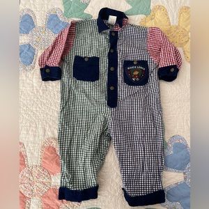 Vintage toddler baby romper gingham blue, green & red 6/9 months